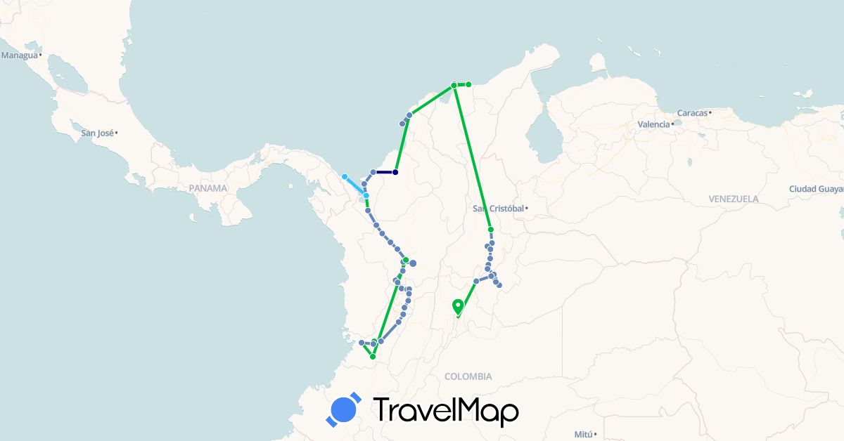 TravelMap itinerary: driving, bus, cycling, boat in Colombia (South America)